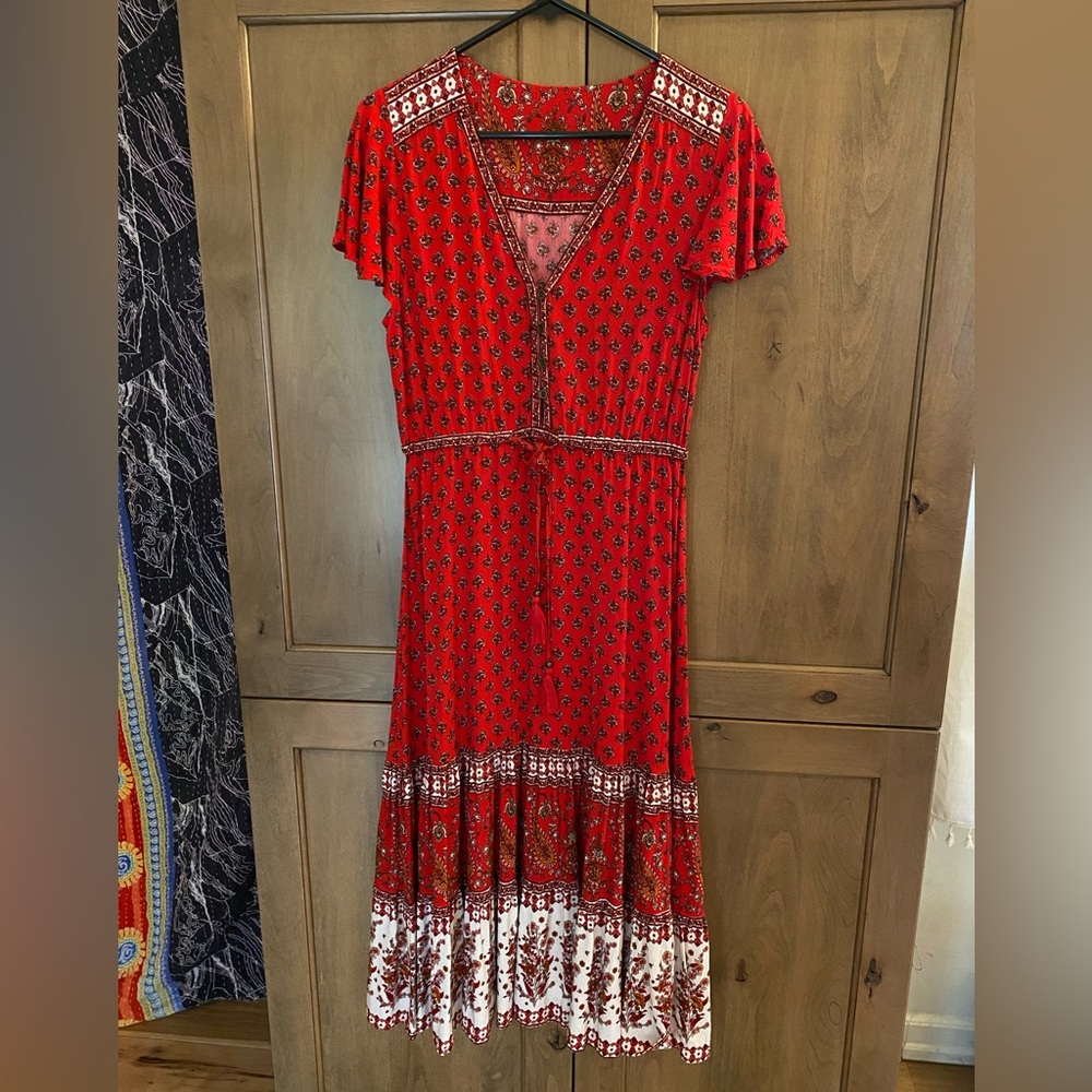 Red pattern dress, paisley and floral, size M (8~)